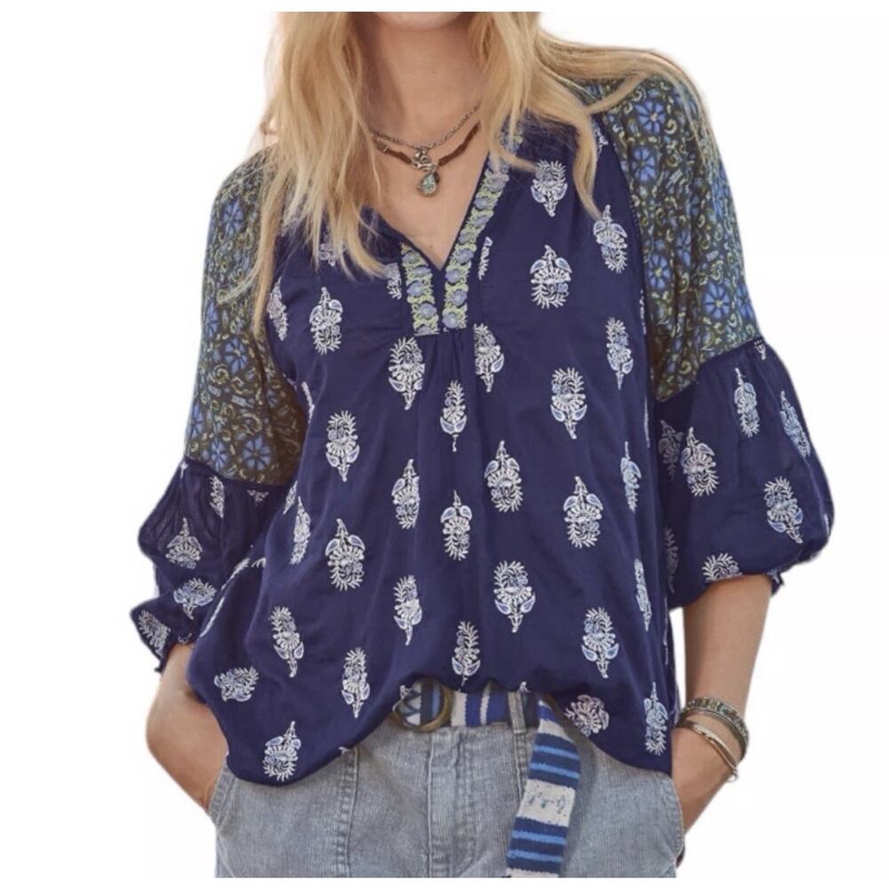 Sundance Embroidered Lost in Time Top XS Eclipse Myriad Balloon Block Print Navy